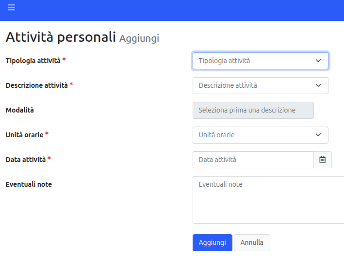 menu inserimento attività